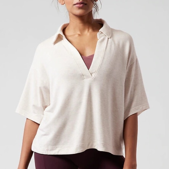 Athleta Westwood Collared V Neck Oatmeal Cream Sweatshirt Tshirt Polo L - Picture 1 of 7